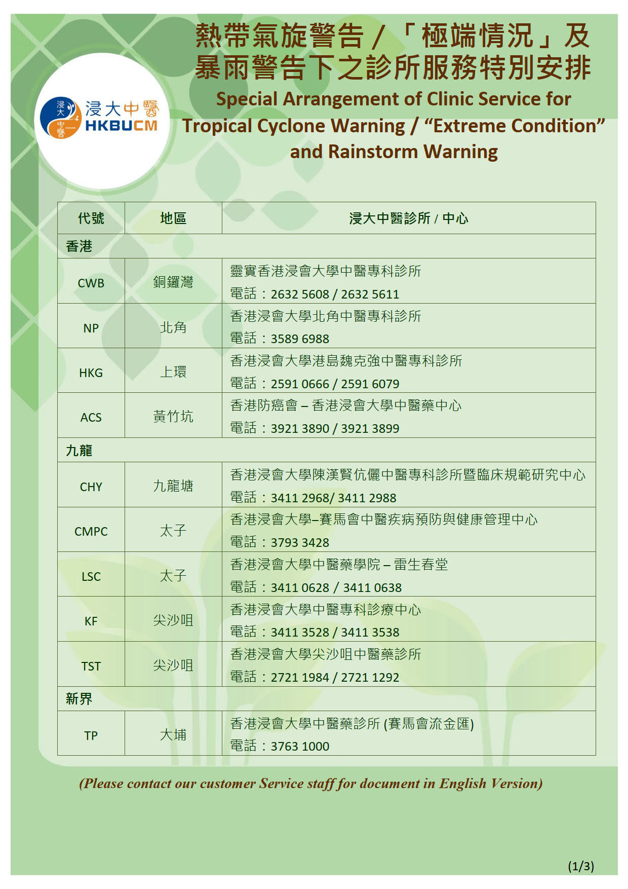 熱帶氣旋警告_「極端情況」及暴雨警告下之診所服務特別安排 20220907_1